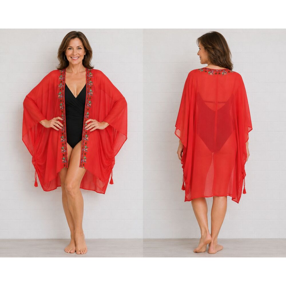 BluHeaven M/L Coral Kimono Sleeve Gauze Cover-Up Boho Cape Cruise Wear NWT